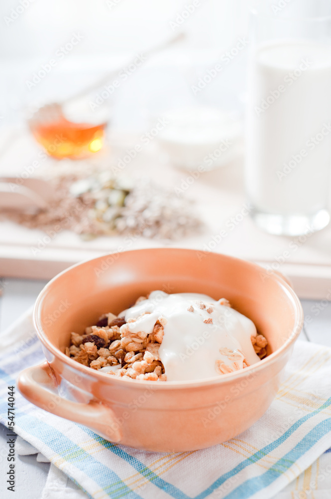 Fitness breakfast with healthy muesli and seeds Fitness breakfast with healthy muesli and seeds