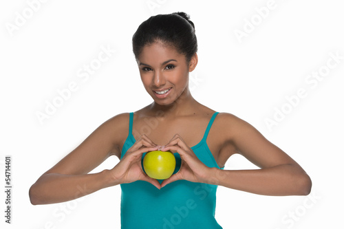 Healthy lifestyle. Beautiful young women holding an apple and sm