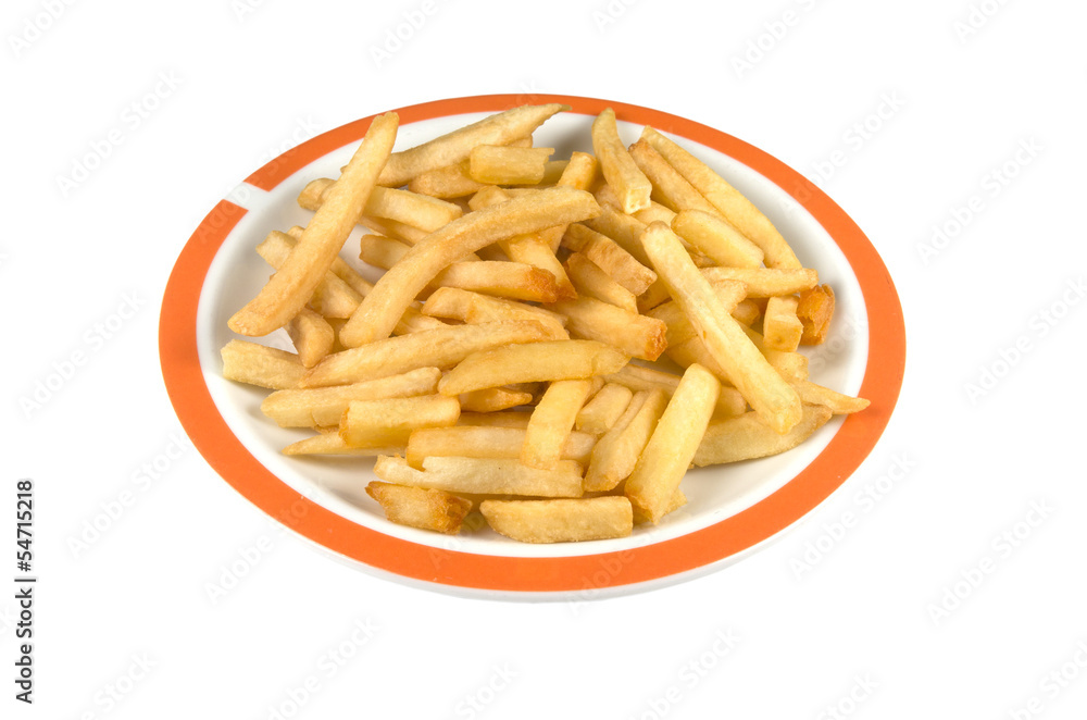 Plate with french fries on a white background. Plate with french fries on a white background.