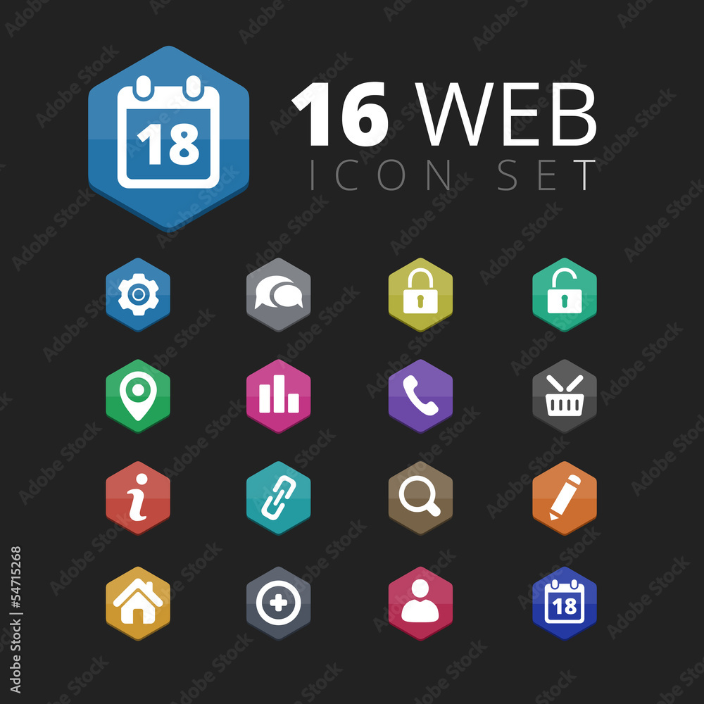 16 Hexagon Colored Web Icons set
