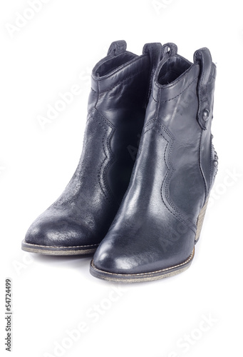 Woman's Black Leather Cowboy Boots Isolated on White © chiyacat
