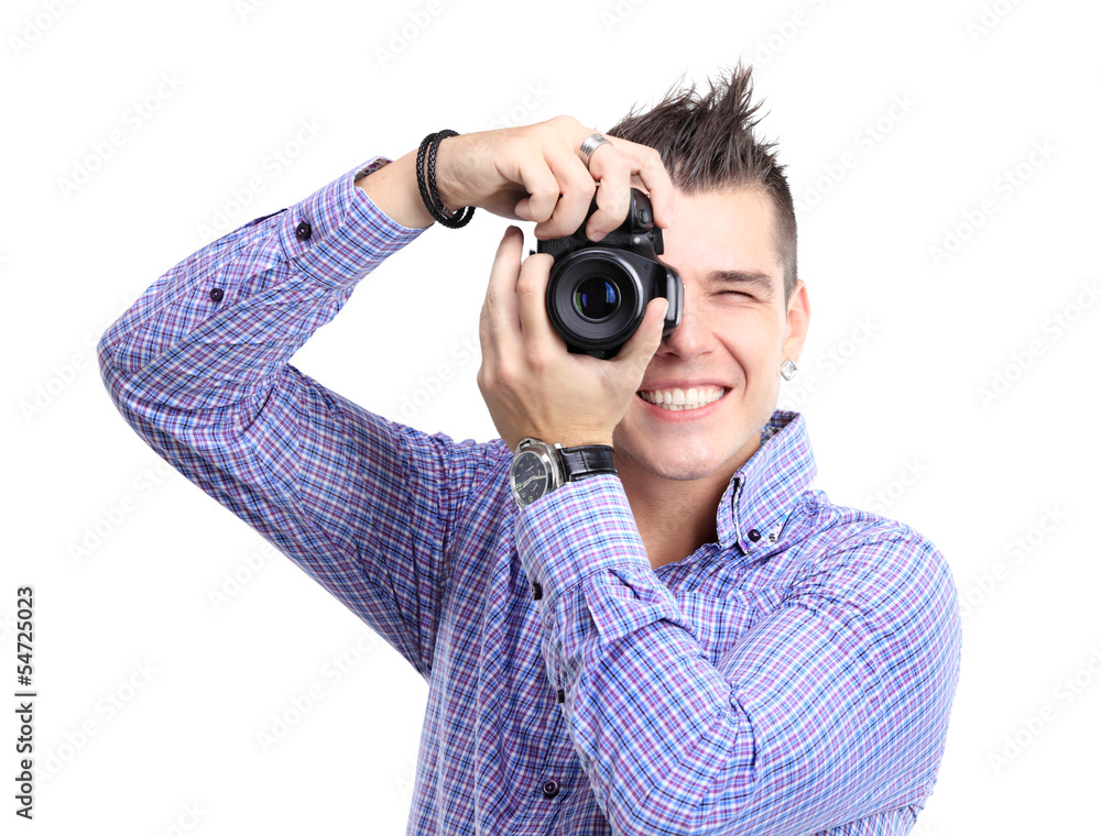 Young man with camera. Isolated over white background Young man with camera. Isolated over white background