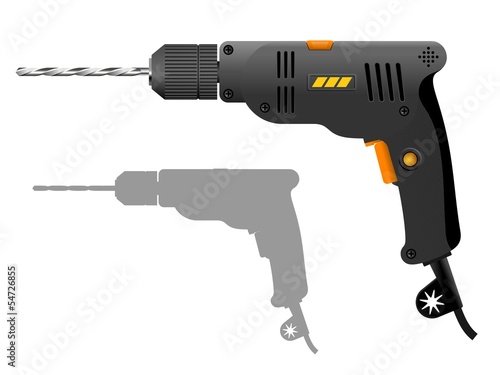 Gray electric drill. Vector illustration of the power tool.