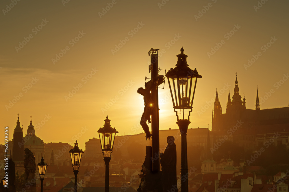 View of Prague in evening from Charles bridge