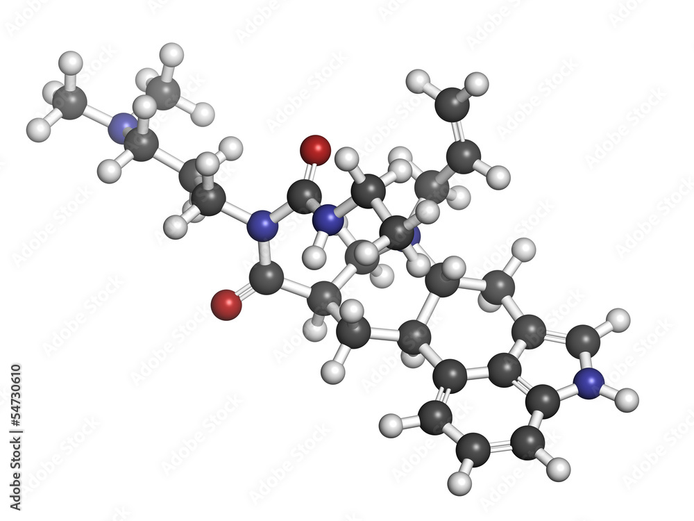 Cabergoline drug, chemical structure. Cabergoline drug, chemical structure.
