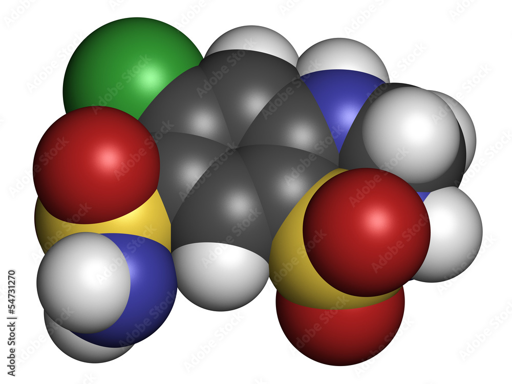 Hydrochlorothiazide diuretic drug, chemical structure. Hydrochlorothiazide diuretic drug, chemical structure.