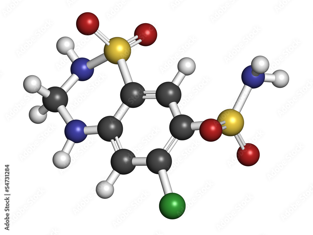 Hydrochlorothiazide diuretic drug, chemical structure. Hydrochlorothiazide diuretic drug, chemical structure.