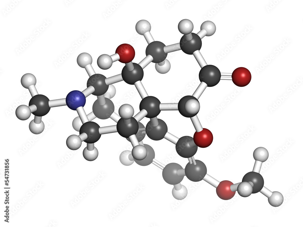 Oxycodone pain relief drug, chemical structure.