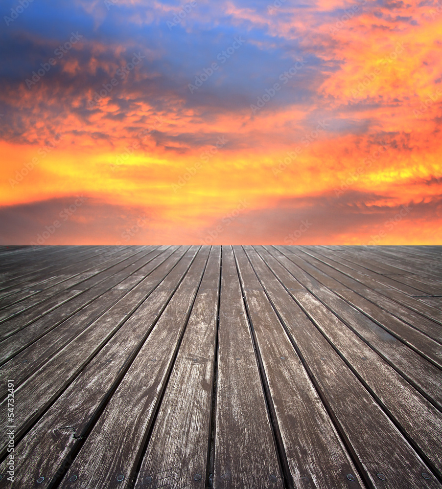 blue sunset sky and wood floor, background blue sunset sky and wood floor, background
