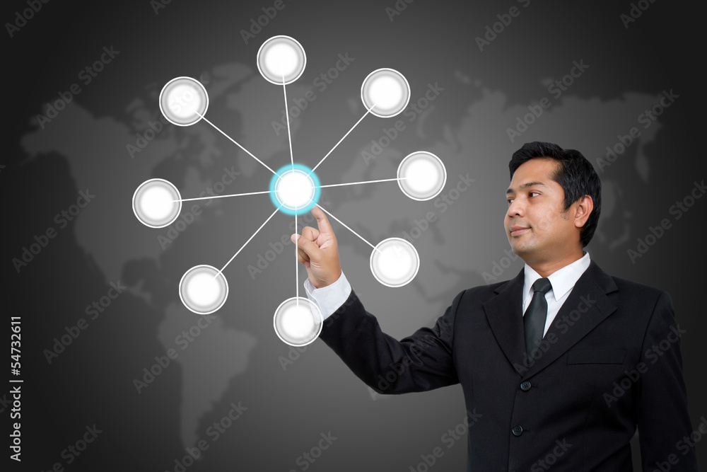business man pushing social network structure business man pushing social network structure