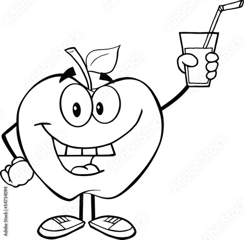 Outlined Smiling Apple Character Holding A Glass With Drink