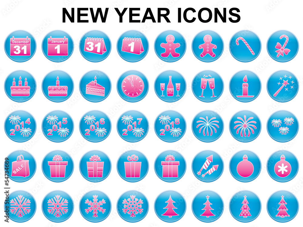 set of round New Year holiday icons set of round New Year holiday icons