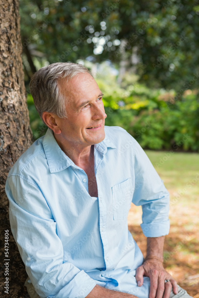Thoughtful retired man sitting on tree trunk Thoughtful retired man sitting on tree trunk