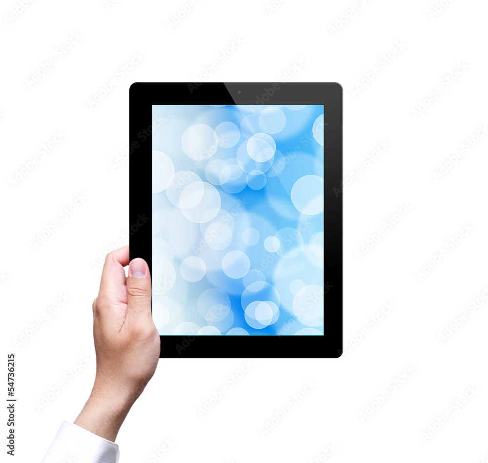 male hand holding a tablet with isolated male hand holding a tablet with isolated