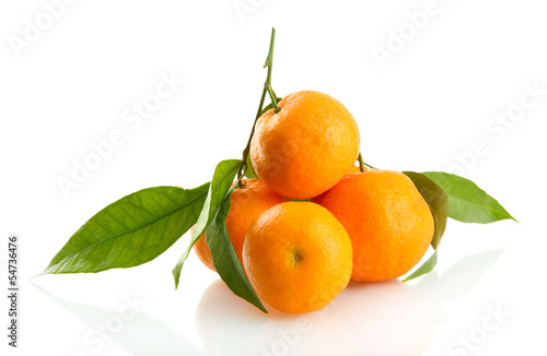 Ripe sweet tangerines with leaves, isolated on white