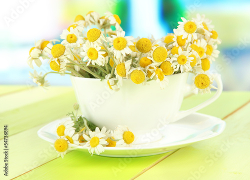 Fototapeta Naklejka Na Ścianę i Meble -  Bouquet of chamomile flowers in cup, on bright background