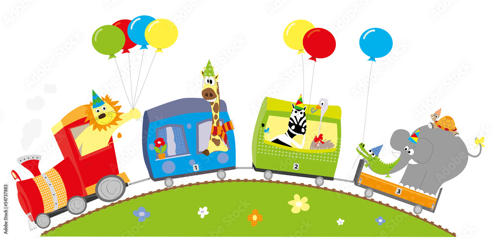 Wesoły pociąg urodzinowy- zwierzęta i balony - obrazy, fototapety, plakaty 