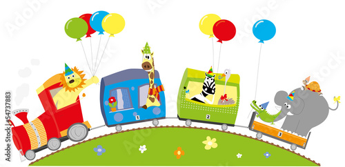 Naklejka na ścianę Wesoły pociąg urodzinowy- zwierzęta i balony