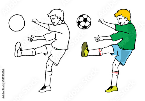 Boy playing soccer outline and colored vector illustration