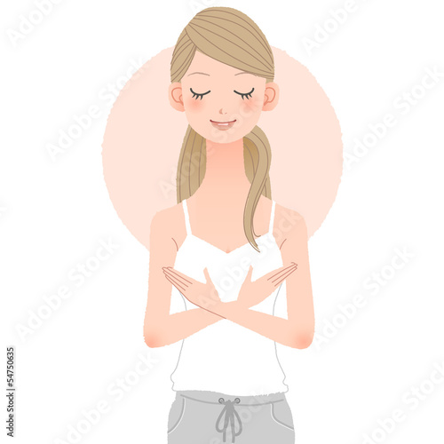 胸に手を当てる女性 Young girl putting hands above breast