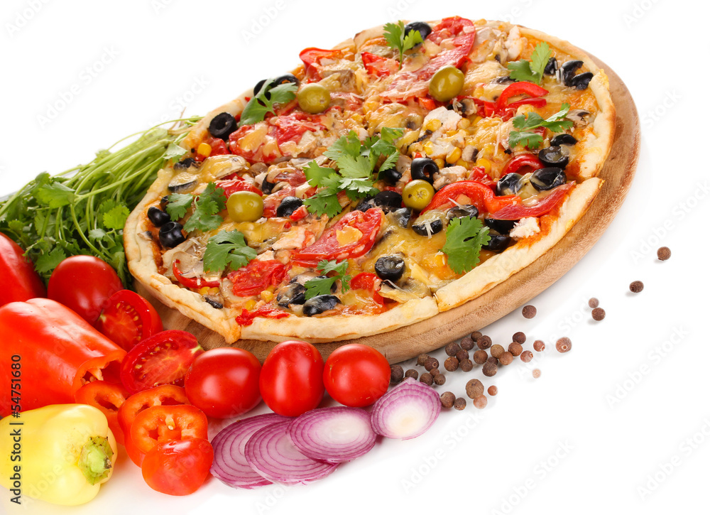 Delicious pizza with ingredients around isolated on white Delicious pizza with ingredients around isolated on white