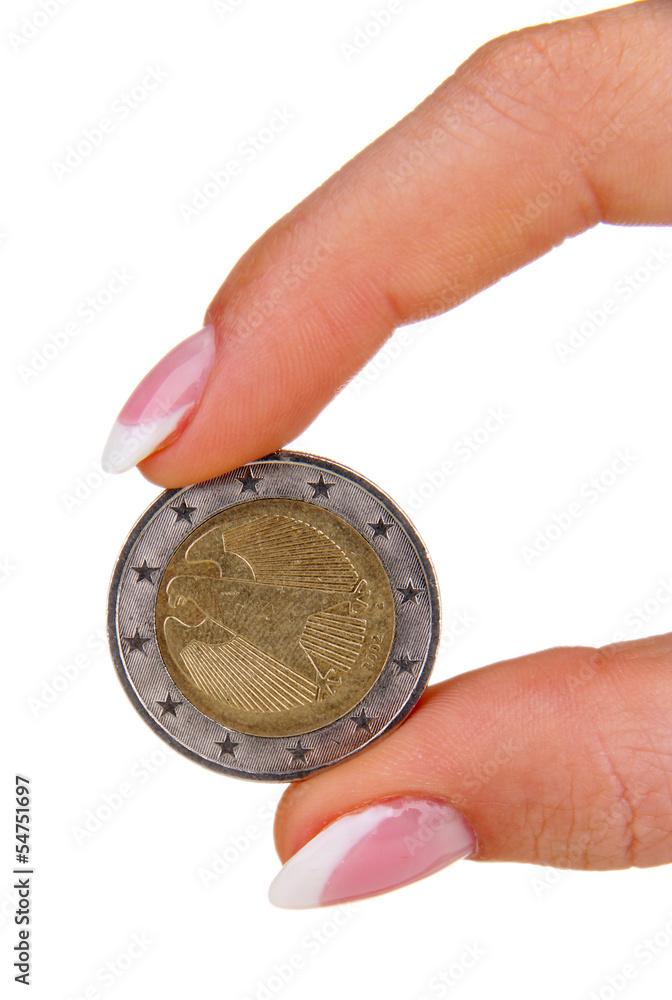 Woman hand with euro coin, isolated on white Woman hand with euro coin, isolated on white