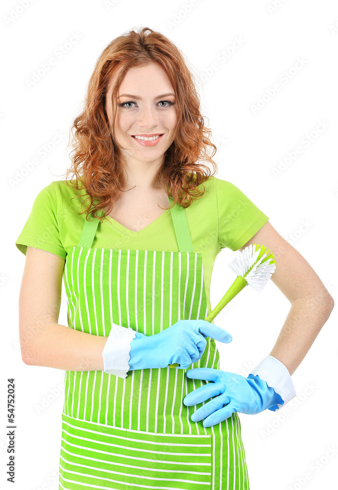 Young woman wearing green apron and rubber gloves with brush, Young woman wearing green apron and rubber gloves with brush,