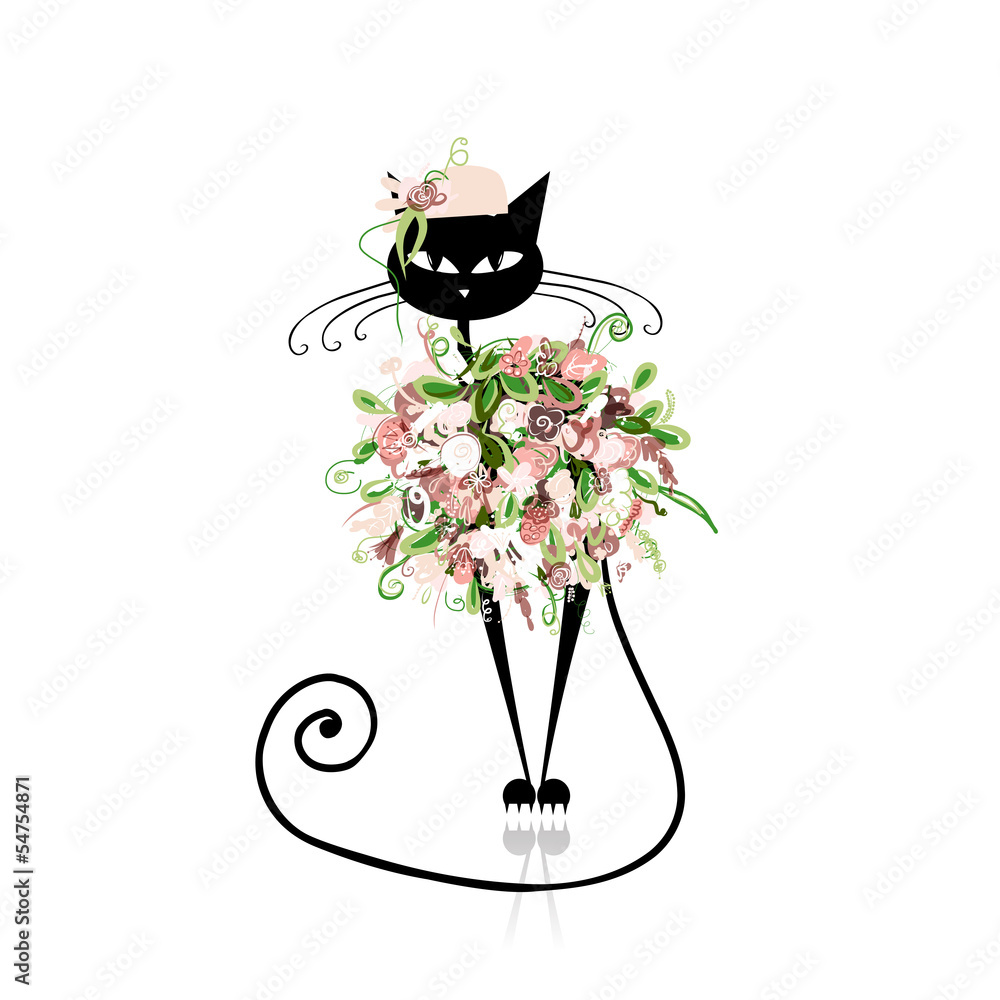Naklejka premium Kot Glamour w kwiatowe ubrania do projektowania