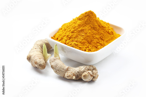 Turmeric Powder and Root on white Background
