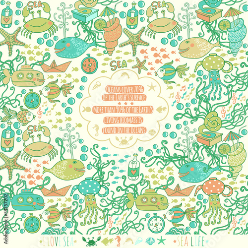 Sea live template design, vector set. Sea time card with sea wil