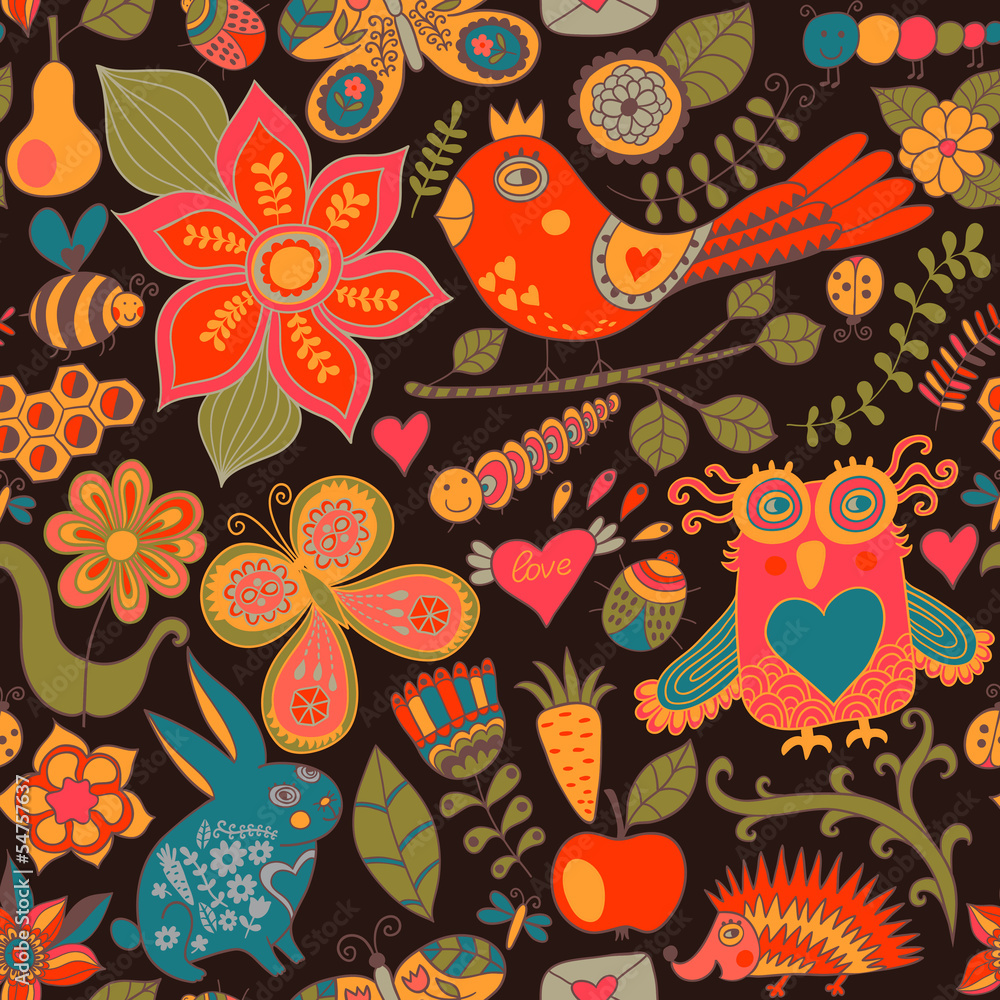Naklejka premium Vector forest seamless pattern. Floral background.Owl, rabbit, b