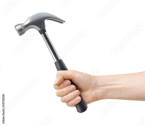 Fotografia hand hold hammer on a white background