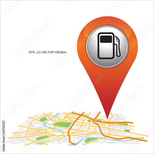 gas station,  pin pointer on map location. 