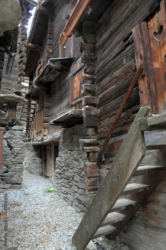 Old wooden mazot huts in Zermatt in the Swiss Alps