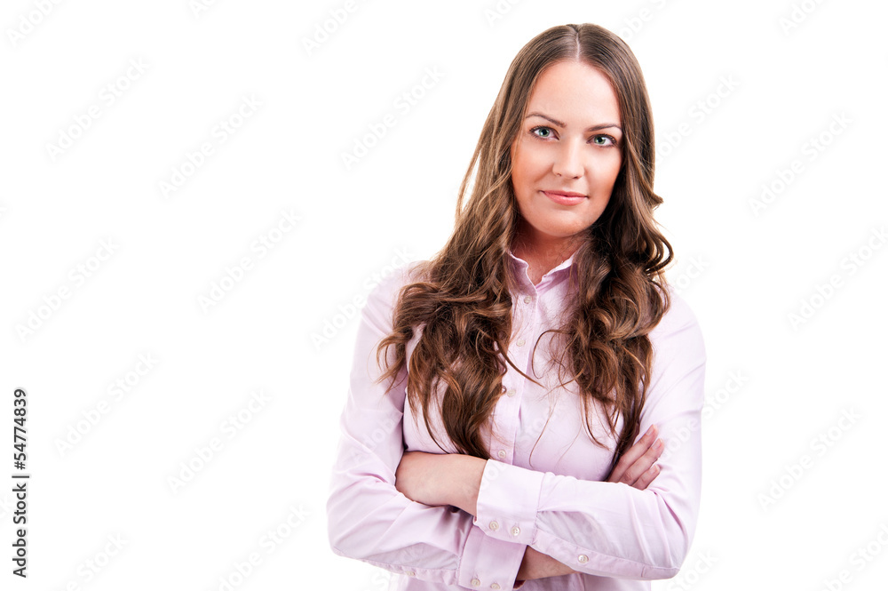 Woman with big smile and pink shirt Woman with big smile and pink shirt