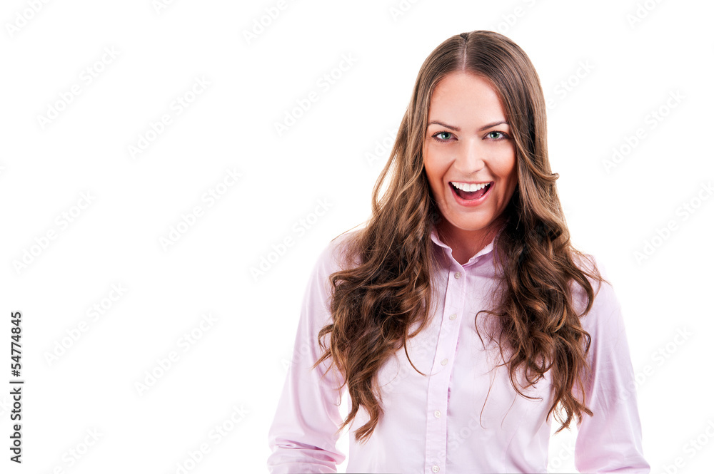 Woman with big smile and pink shirt Woman with big smile and pink shirt