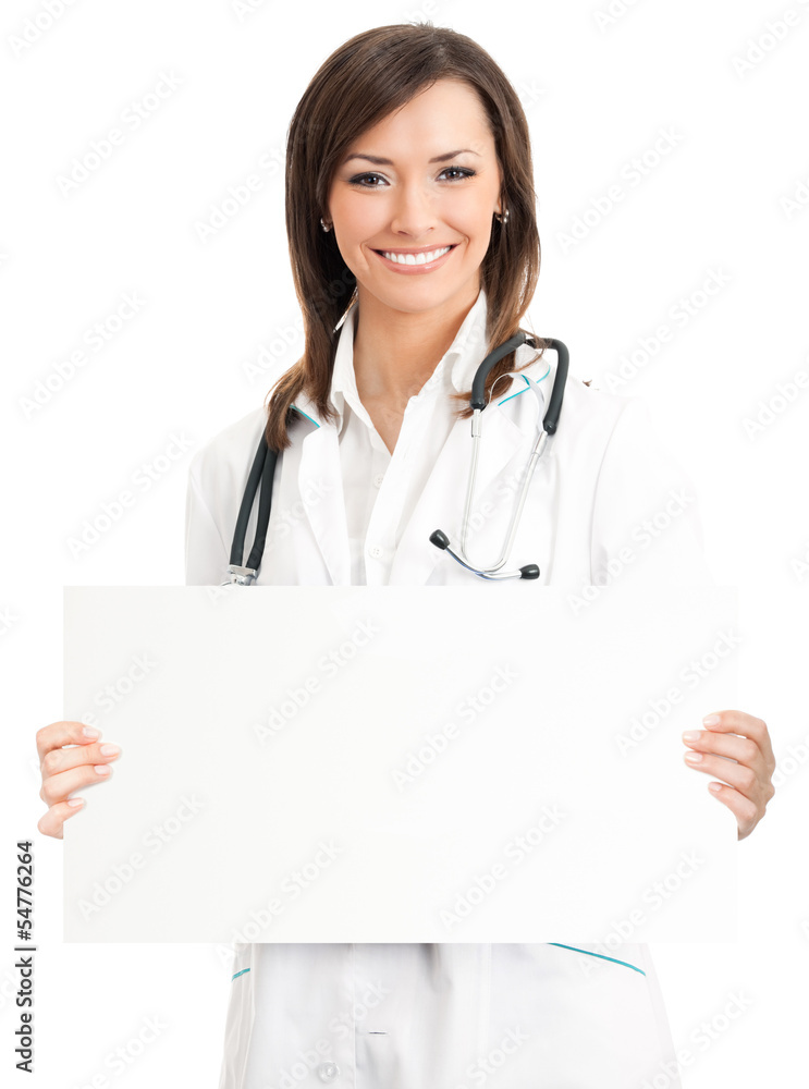 Doctor showing signboard with copyspace, on white Doctor showing signboard with copyspace, on white