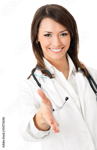 Doctor giving hand for handshake  over white