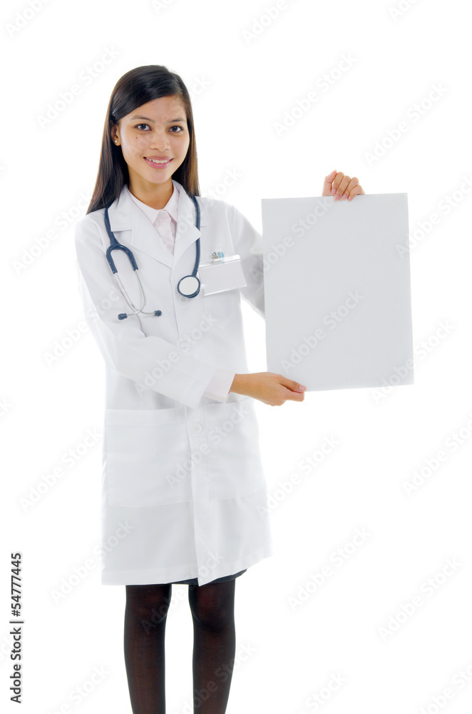 asian female doctor portrait with cardboard isolated on white ba asian female doctor portrait with cardboard isolated on white ba