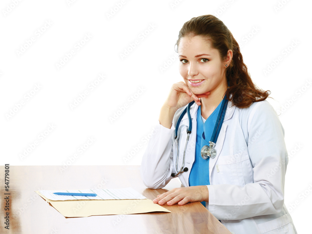 Female doctor sitting on the desk, isolated on white background Female doctor sitting on the desk, isolated on white background
