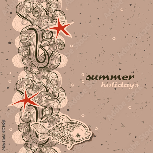Summer holidays design with sand beach, fish and starfish