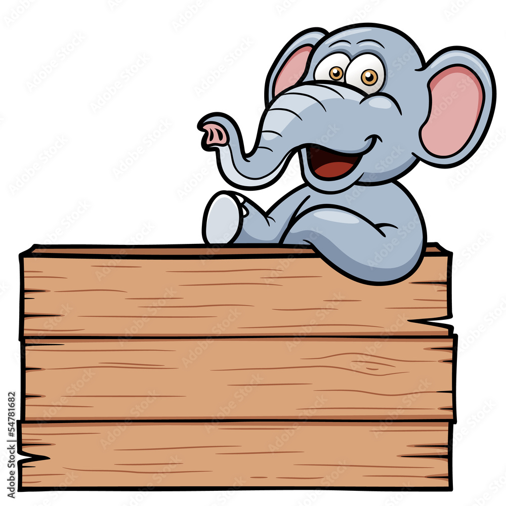 Fototapeta premium Vector illustration of Elephant cartoon with a wooden sign