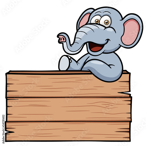 Vector illustration of Elephant cartoon with a wooden sign