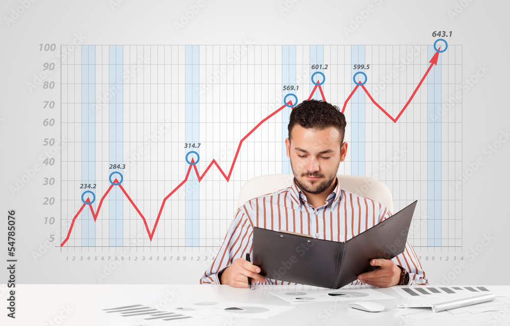 Businessman calculating stock market with rising graph in the ba Businessman calculating stock market with rising graph in the ba