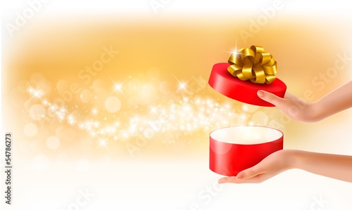 Woman holding a red gift box on holiday background, Vector