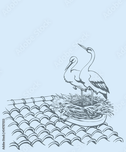 Vector background with pairs of storks in the nest on roof
