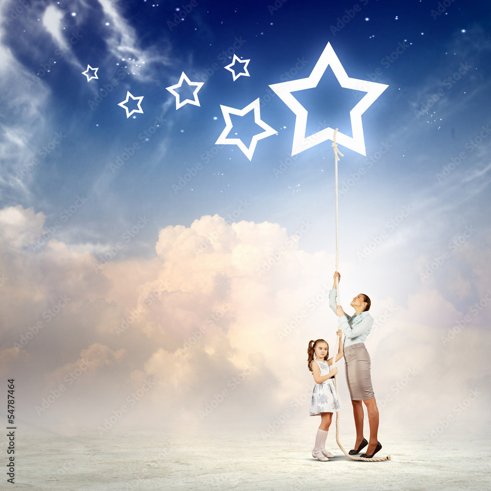 Family pulling rope with a star symbol Family pulling rope with a star symbol