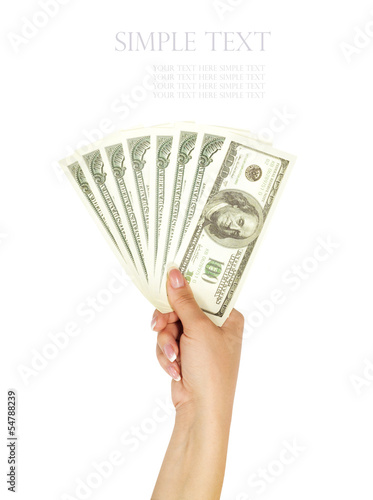 Woman hand with 100 dollar bills isolated on a white background