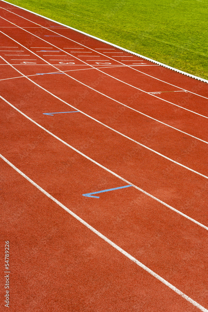 Starting lines at stadium, white lines on the track.