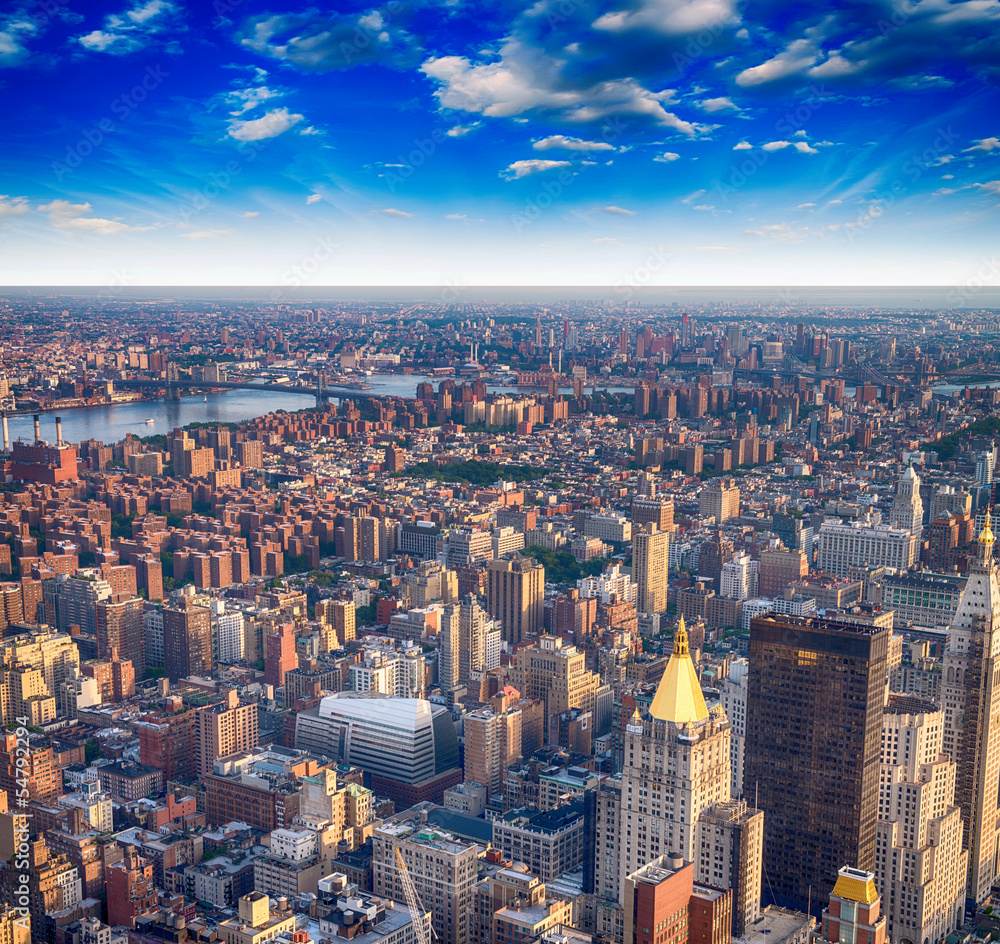 Aerial view of Gramercy and East Village at sunset, New York Cit